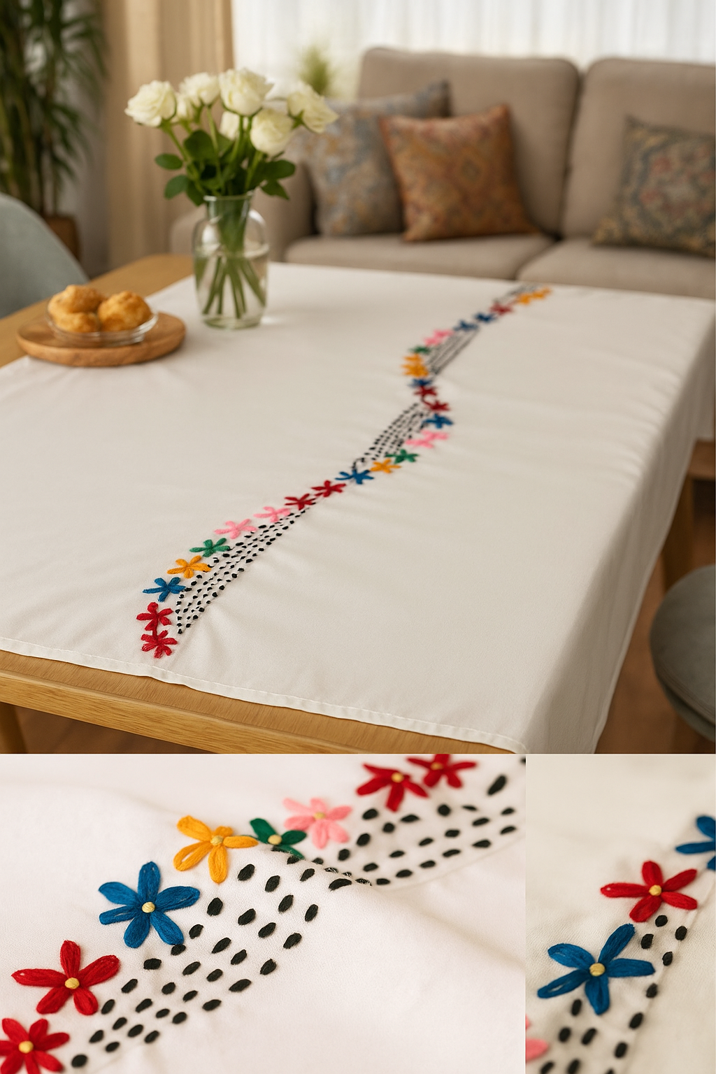 Cotton Table cloth,lazy dazy stitch with wool,Single