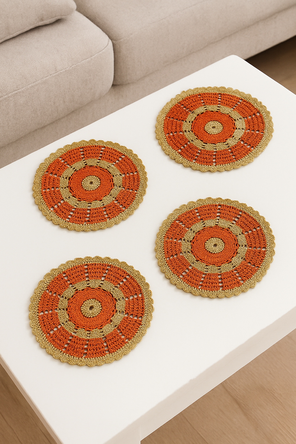 Handcrafted Crochet Glass Mat – Made with Resham Thread, Set of 7