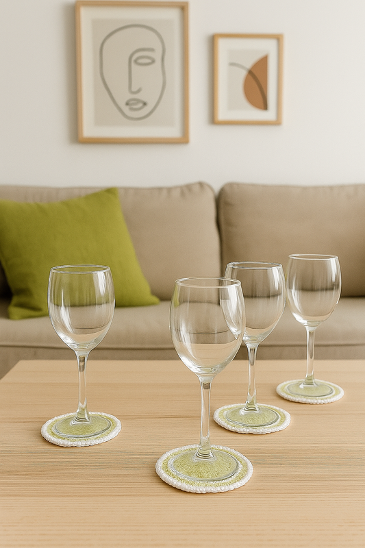 Premium Crochet Glass mats with Wool detailing, Set of 6