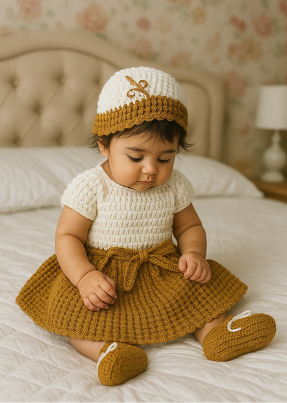 Custom Handmade Baby Crochet Dress Set – Cap & Booties Included. 3-Piece Handmade Outfit for 15-Month Girls