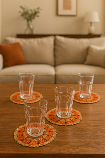 Handcrafted Crochet Glass Mat – Made with Resham Thread, Set of 7