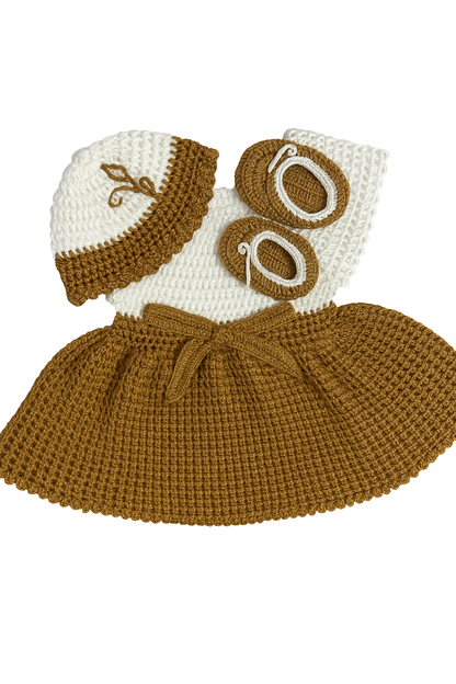 Custom Handmade Baby Crochet Dress Set – Cap & Booties Included. 3-Piece Handmade Outfit for 15-Month Girls
